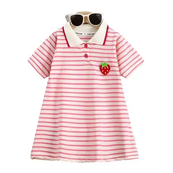 2025 New Children's Dress Girls' Summer Korean Edition Fashion Casual Striped Collar Short sleeved Dress1-10Y 1