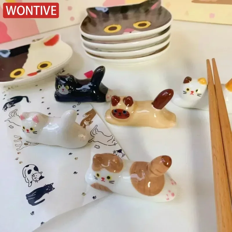 Ceramic Cute Cat Chopstick Holder Tableware Japanese Style Underglaze Restaurant Simple Oval Spoon Bracket Utensil for Kitchen