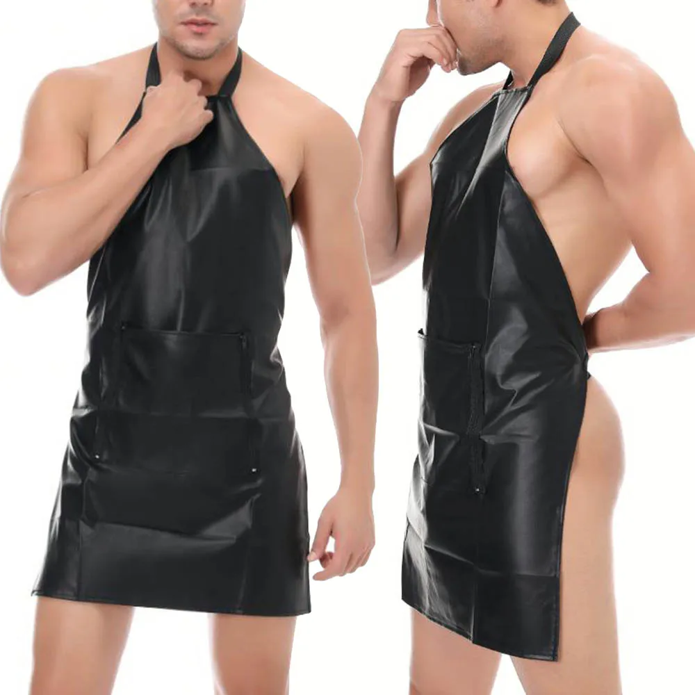 

Men Sexy Lingerie PU Leather Suspender Halterneck Skirt Apron With Pocket Clubwear Party Role Play Exotic Sleepwear Erotic Male