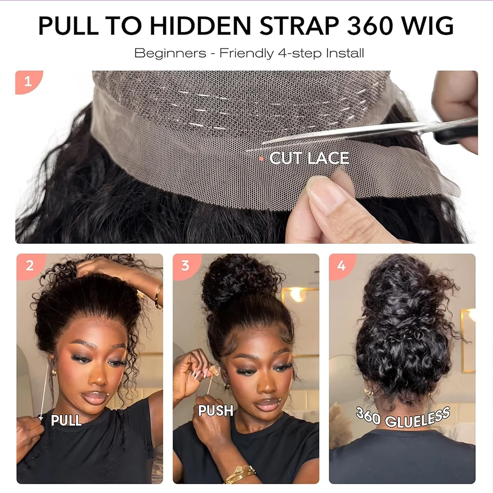 4C Edges Kinky Curly Invisible Strap 360 Full Lace Front Wigs HD 360 Lace Frontal Glueless Wigs Human Hair with Curly Baby Hair