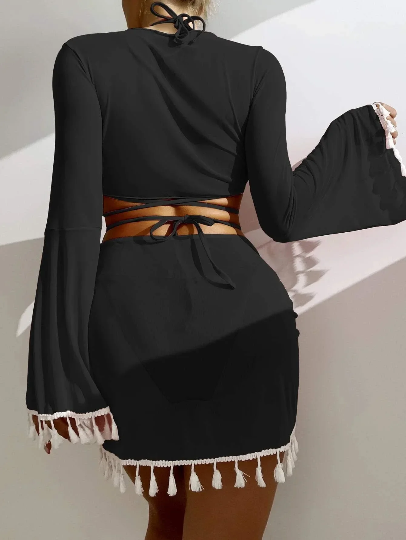 4-piece Set V Neck Strapped Tassel Swimwear Women Sexy Long Sleeve High Waist Bikini Push UP Swimsuit Summer Beack Bathing Suit