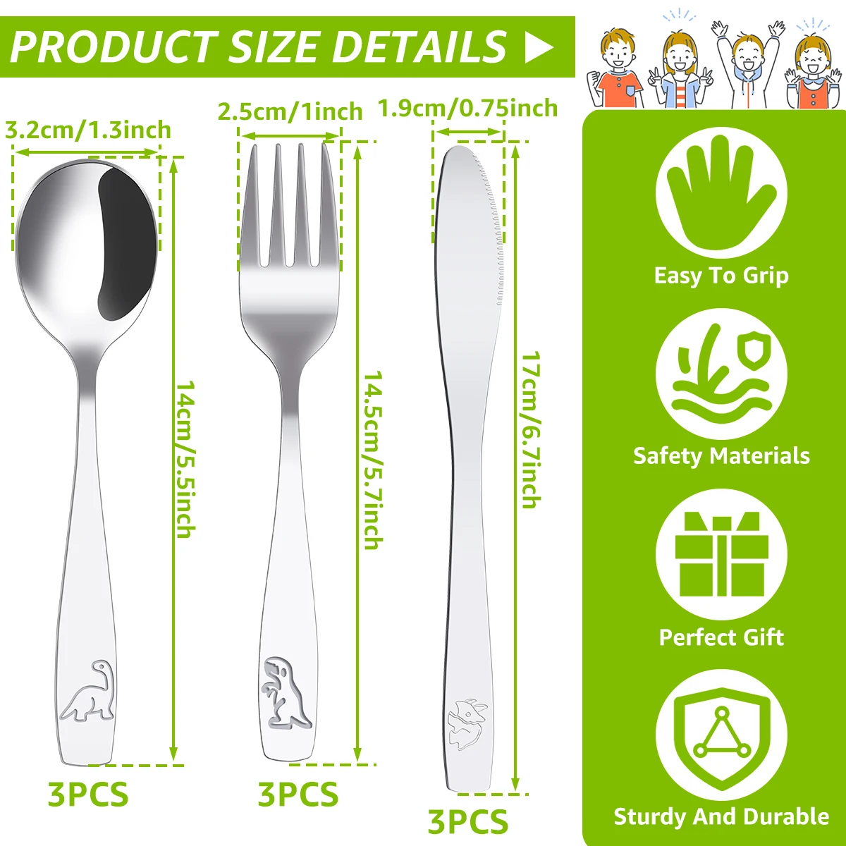 10/9 Pcs Stainless Steel Kids Fork Spoon and Knife Set Fun Dinosaur Bear Smooth Kids Silverware Set Toddler Meal Dishwasher Safe cutlery set stainless steel cutlery set