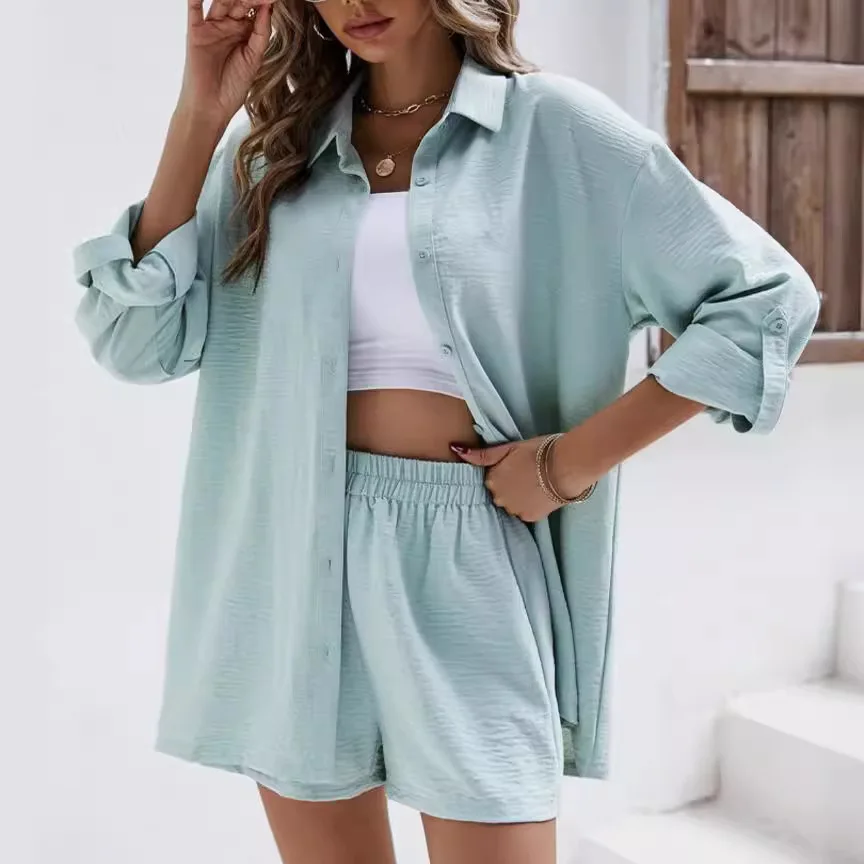 Solid Color Casual Loose Short Pants Sets For Women 2025 Elegant Summer Women's Two Pieces Suit Full Set Female Outfit Clothes - Image 2