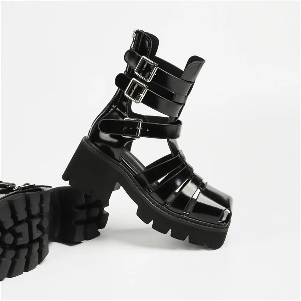 Damen Gladiator Sandalen Mit Blockabsatz Schwarze Sommerschuhe_voghion.com