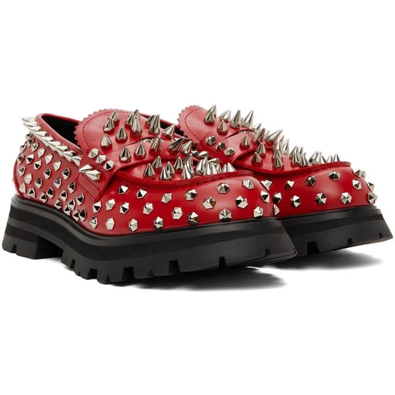

Red Leather Men Silvery Studs Spikes Flats Shoes Red Loafers Runway Platform Rivets Party Wedding Shoes