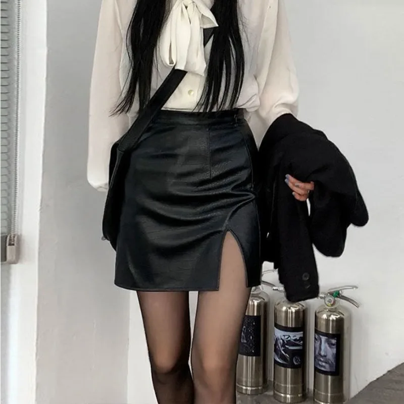 

PU Skirts Women Shirring Korean A-line Side-slit Sexy Spring Fall All-match Mini Faldas Solid Clubwear Ulzzang Casual Streetwear