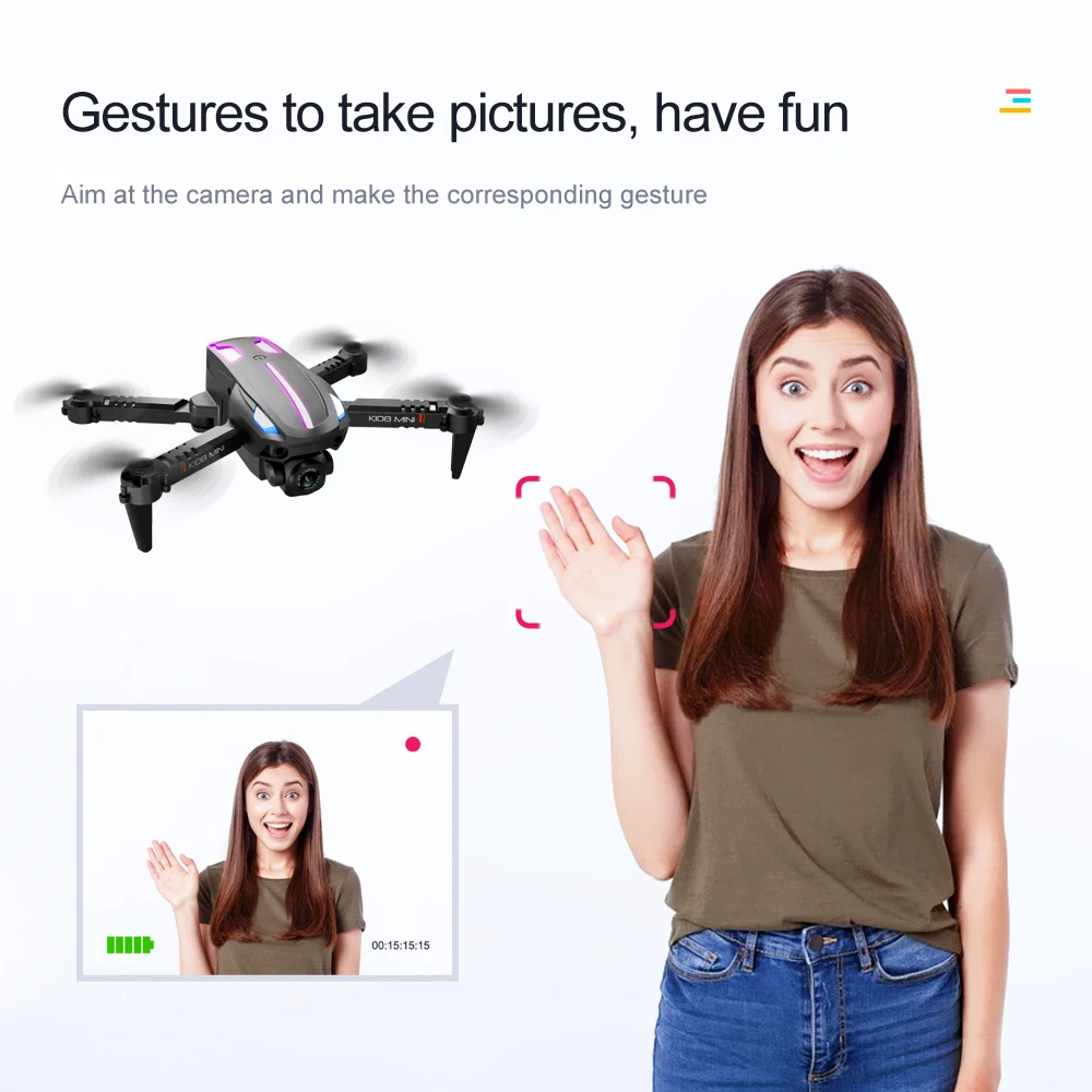 K108 Drone, gestures to take pictures, have fun aim at the camera and make