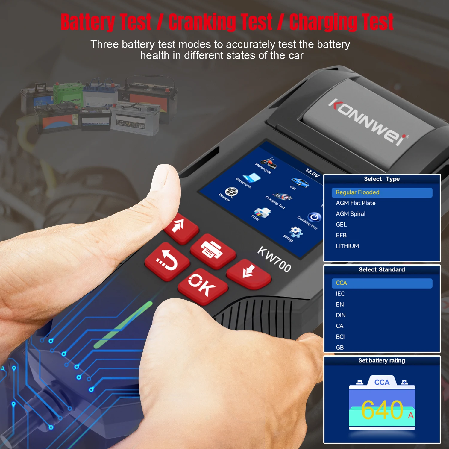 KONNWEI Car Battery Tester KW700, 12V 24V Cranking Charging Test Tool with Print Function for AGM EFB GEL and Lithium Batteries 2026 - Image 2