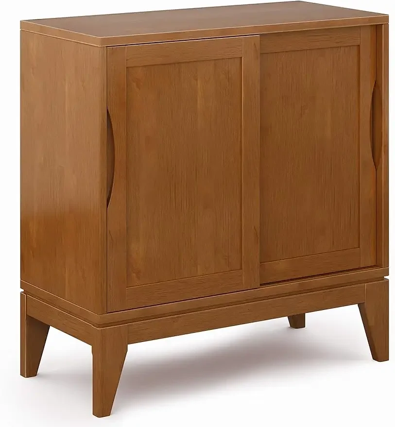 

SIMPLIHOME Harper SOLID WOOD 30 inch Wide Mid Century Modern Low Storage Cabinet in Teak Brown with Storage Compartment