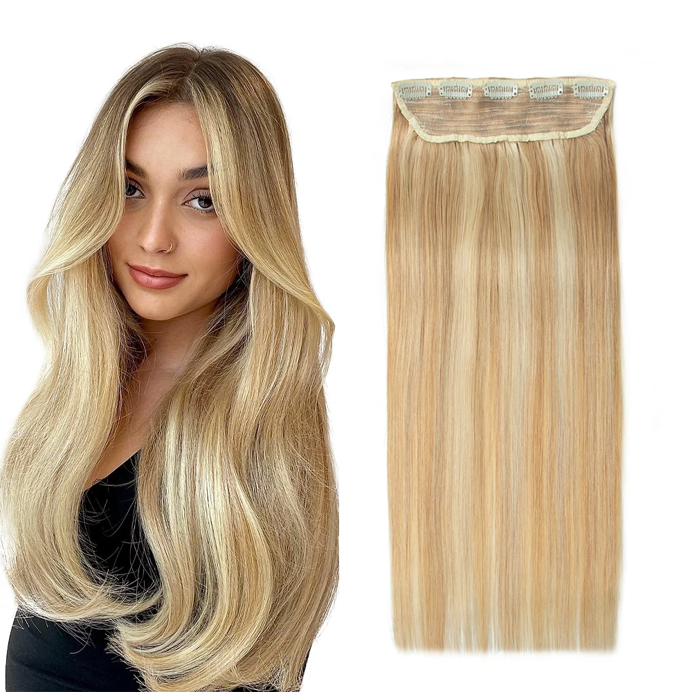 

P27-613 Blonde Clip In Human Hair One Piece Natural Hair Extensions Straight Clip-On Add Volume HairPieces 14 18 22 inch 60 1B