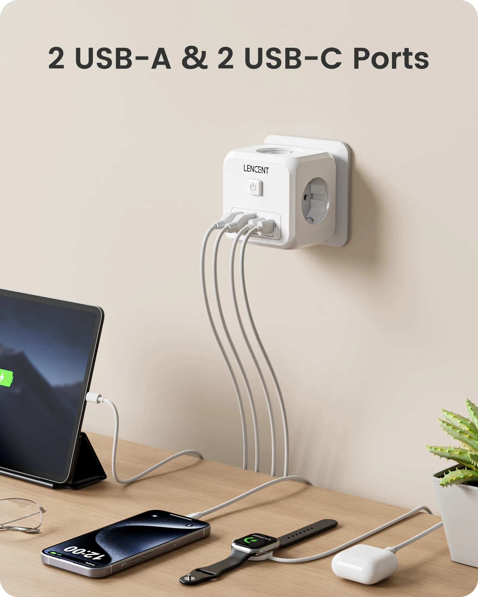 LENCENT 7-in-1 EU Plug Wall Socket Extender with 3AC Outlets+ 2 USB-A+2 USB-C Cube Socket On/Off Switch Adapter for Home BEST SELLERS