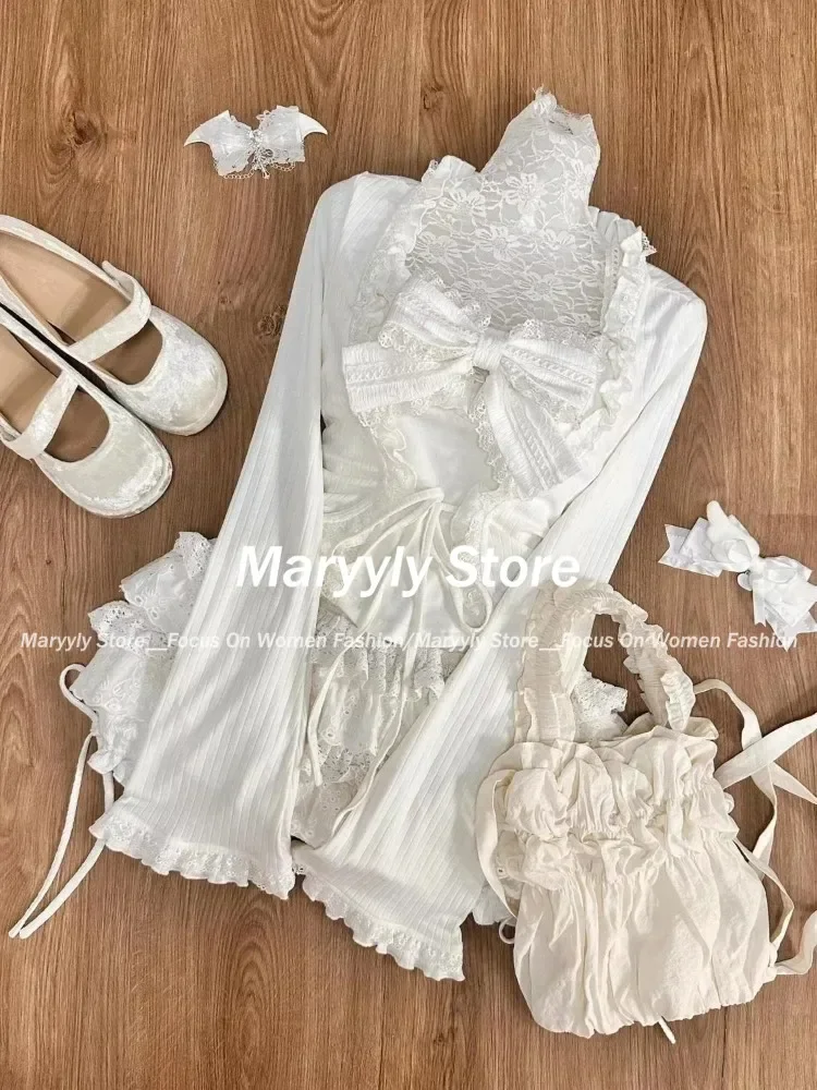 Autumn Winter New Elegant Sweet 3 Piece Sets Women Casual Y2k Cardigan Tops+ Cute Lace Bow Strap Vest+ Elastic Mini Cake Skirts 3