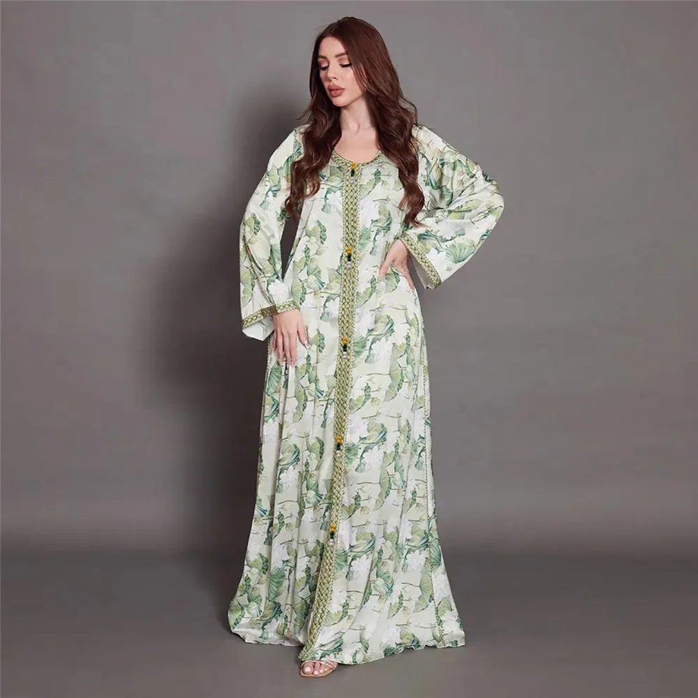 

Floral Print Abaya Muslim Women Maxi Dress Kaftan Dubai Turkey Arabic Robe Islamic Moroccan Caftan Gown Djellaba Femme Jalabiya