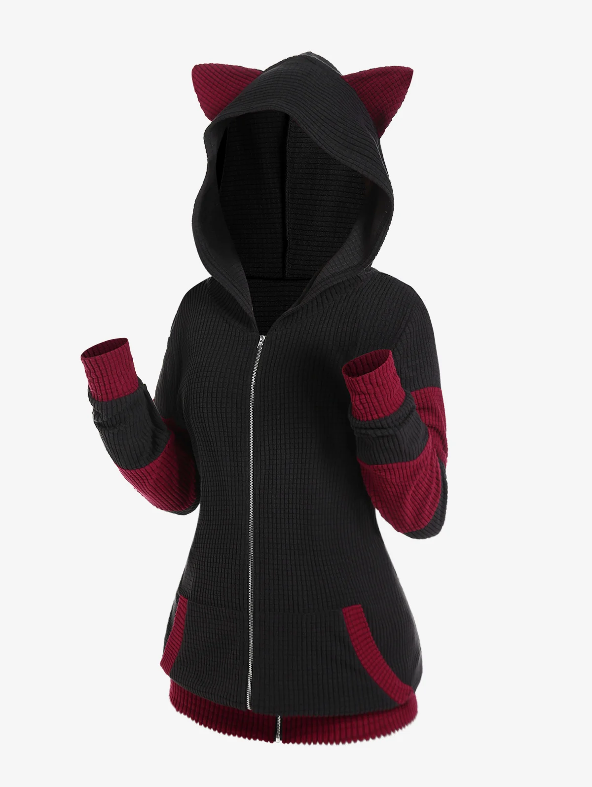

ROSEGAL Cute Fall,Winter Women Colorblock Jacket Cat Ear Ribbed Hooded Warm Long Sleeve Zipper Coat 4XL Outwear Tops New Arrival