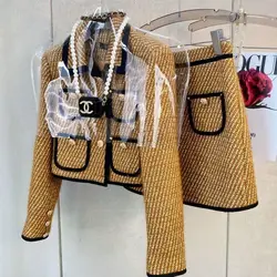 Women Elegant Vintage Tweed Luxury Suit Jacke Coat Top And Skirt Two Piece Set Yellow Outfit Winter Jacquard Prom Party Clothing