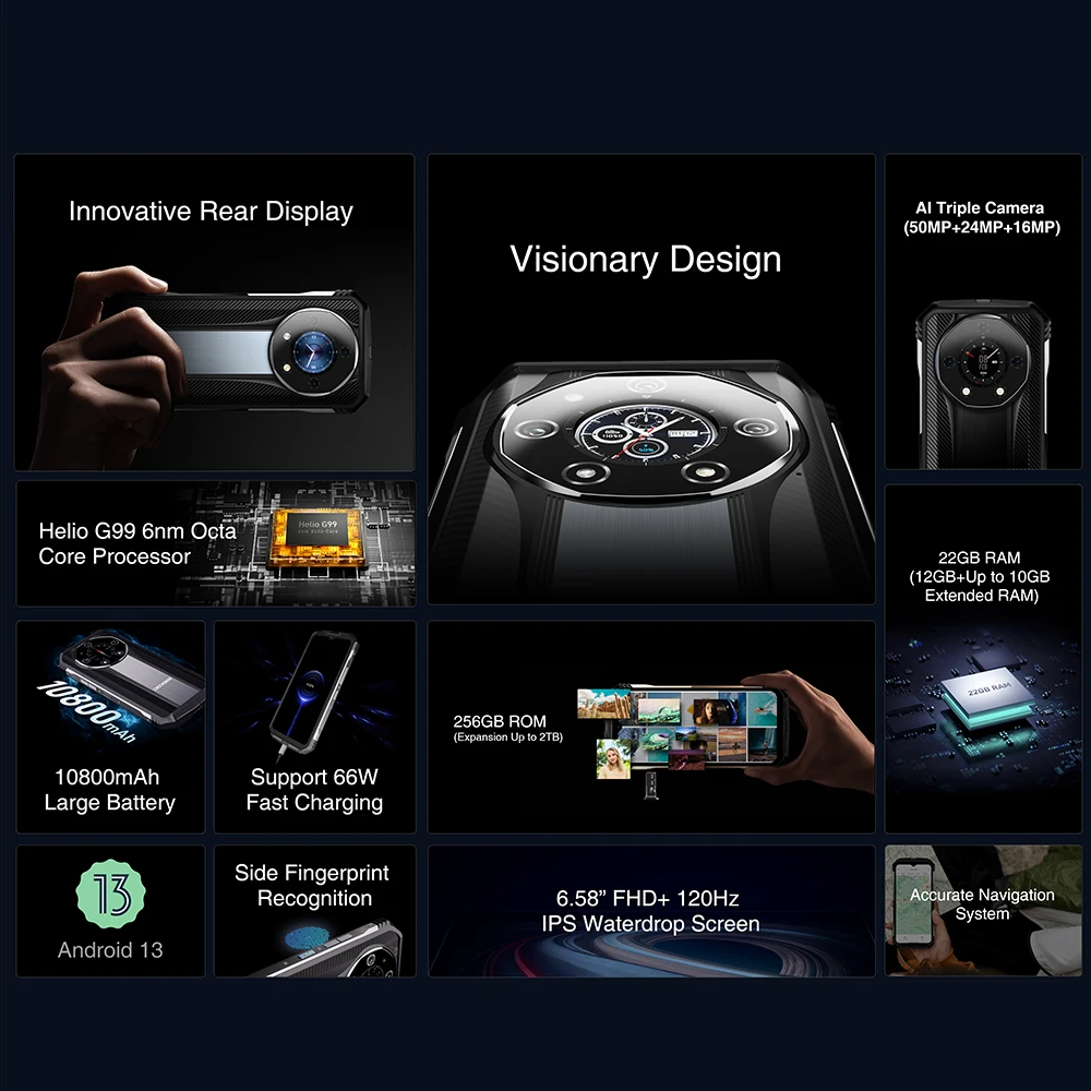 DOOGEE S110 Rugged Smartphones Octa Core 12GB+256GB 6.58Inch Waterdrop Screen Mobile Phone Fast Charging 10800mAh Large Battery