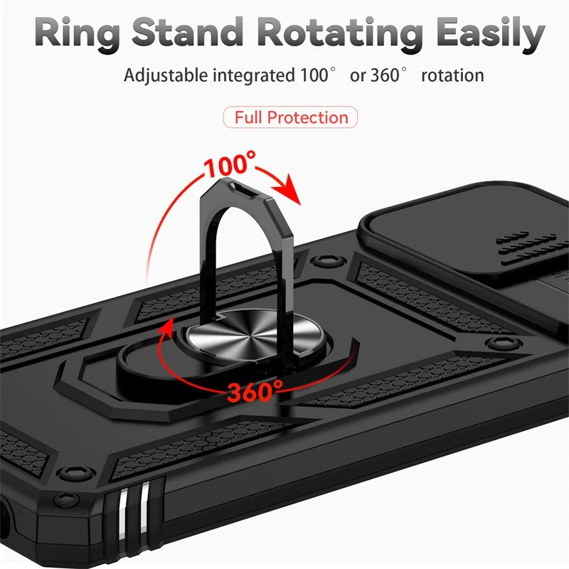 Durable Shockproof Case with Slide Lens Protector and Ring Stand Holder