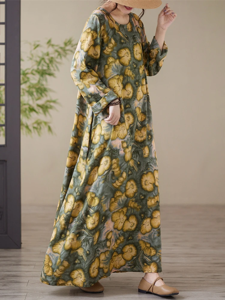 2025 Spring Autumn Cotton Vintage Print Long Sleeve Dresses For Women Casual Loose Dress Femme Robe Vestidos Fashion Clothing