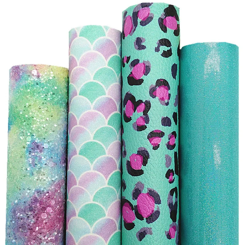 Rainbow Chunky Glitter Leather Mermaid Leopard Printed Synthetic Leather Vinyl Sheets For Bows DIY 21x29CM Q804