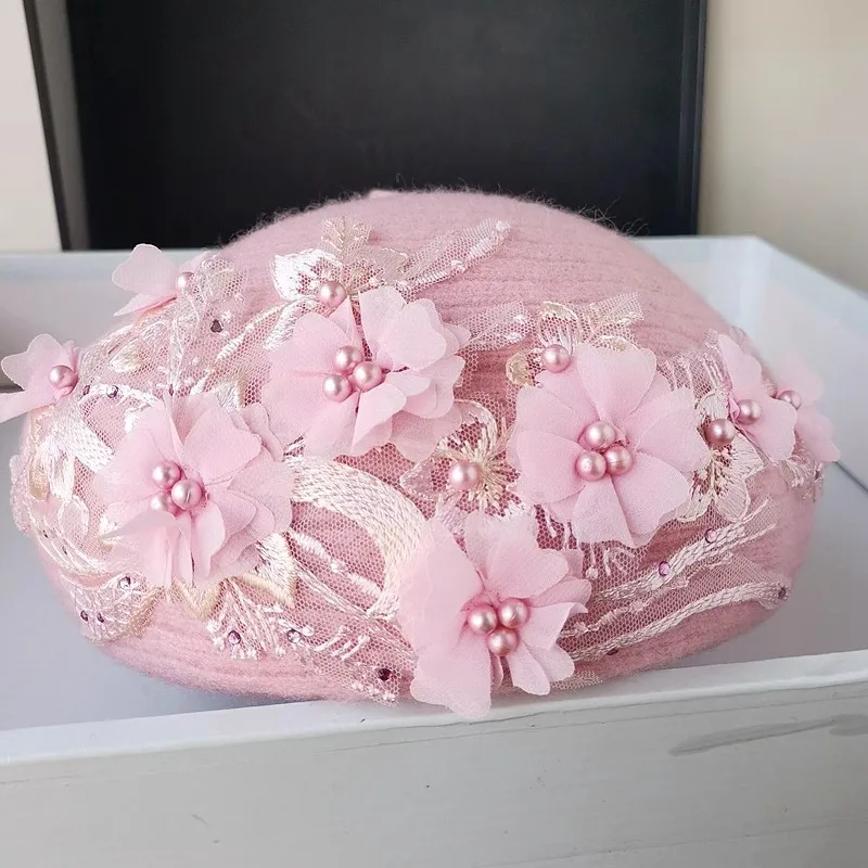 

202312-ax ins chic winter PINK wool LACE CLOTH FLOWER Design lady beret cap women Leisure painter hat