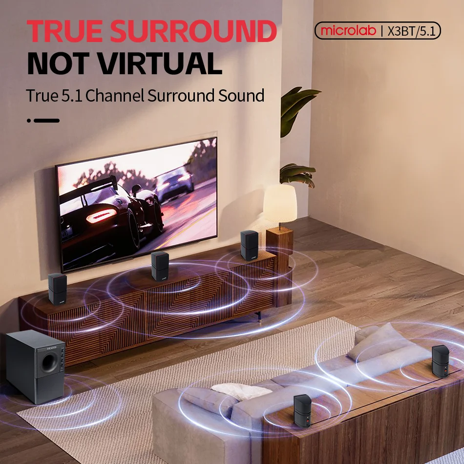 5.1 홈 시어터 시스템 마이크로랩 X3BT 5.1 180W RMS 출력 서브우퍼 노래방 서라운드 사운드 홈 시어터 시스템