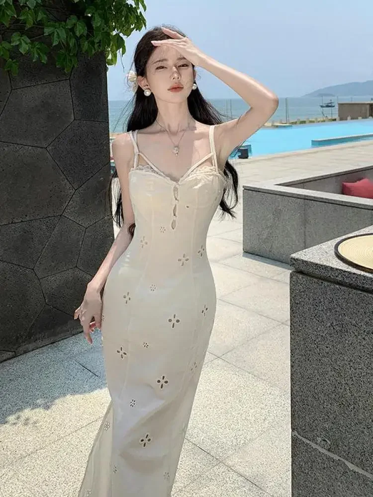 

Summer Apricot Elegant Sexy Holiday Long Dress Women V Neck Hollow Out Sleeveless Birthday Party A-line Sundress Fashion Robe