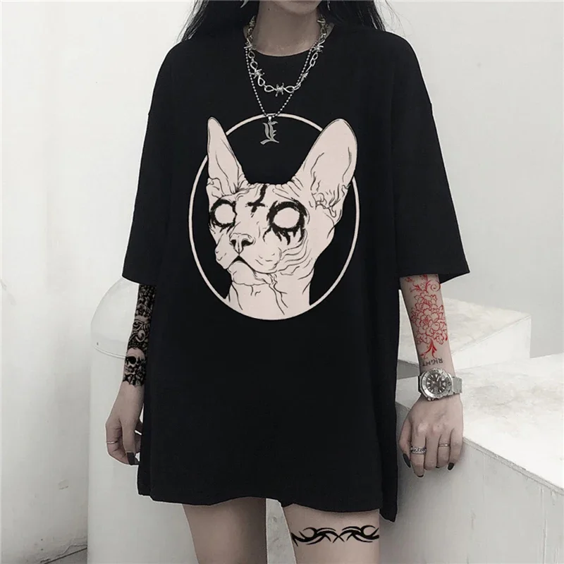 

Sphynx Cat T-Shirt Women Death Metal Print Harajuku Gothic TShirt Female Summer Aesthetic Tshirt Hipster Tops Graphic Tee Shirt