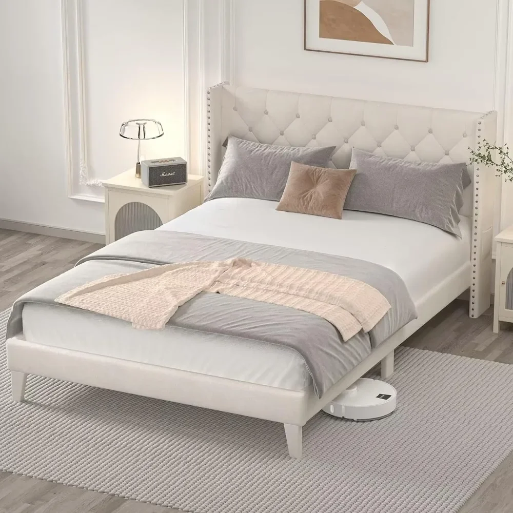

Queen Bed Frame with LED, Upholstered Beds Frames with Wingback Diamond Tufted Headboard, Wood Slats Support, Bed Frame