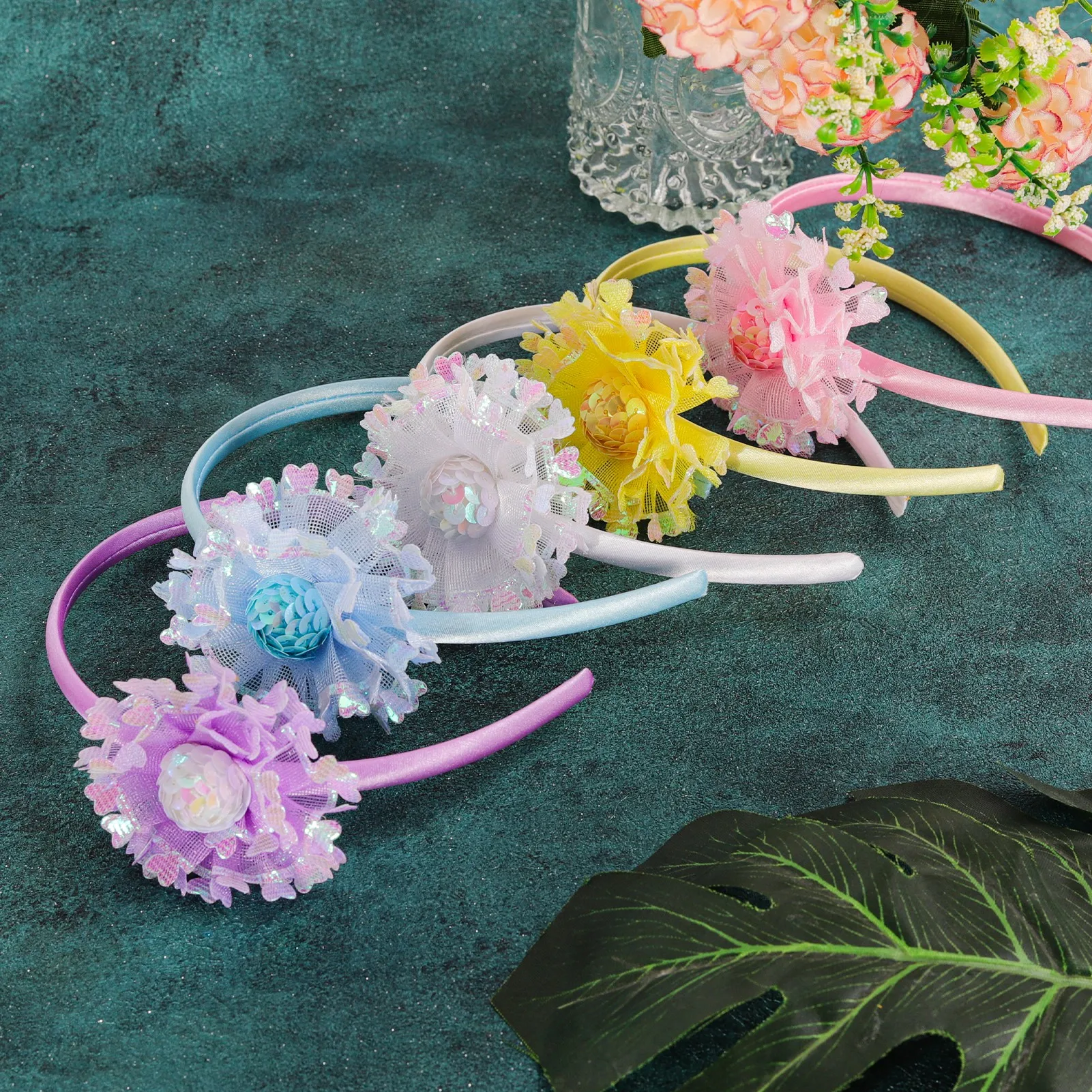 Candygirl 2022 Fashion Florals Headband Lace Sequin Hemis Phere Hairbands Princess Kids Fresh Style Cute Headwear Gifts candygirl 2 5cm dazzling flowers waves style hair bands cute children girl party festival hairband hair accessories diademas