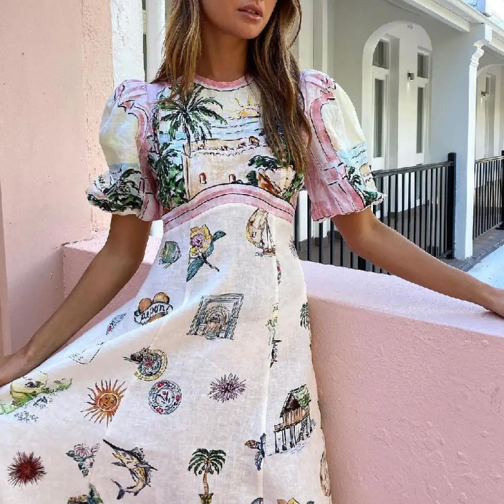 

Women Summer Printing Crew Neck Dress Casual Comfy Cotton Short Sleeve Beach Swing Dresses Loose Bohemian Floral Clothes