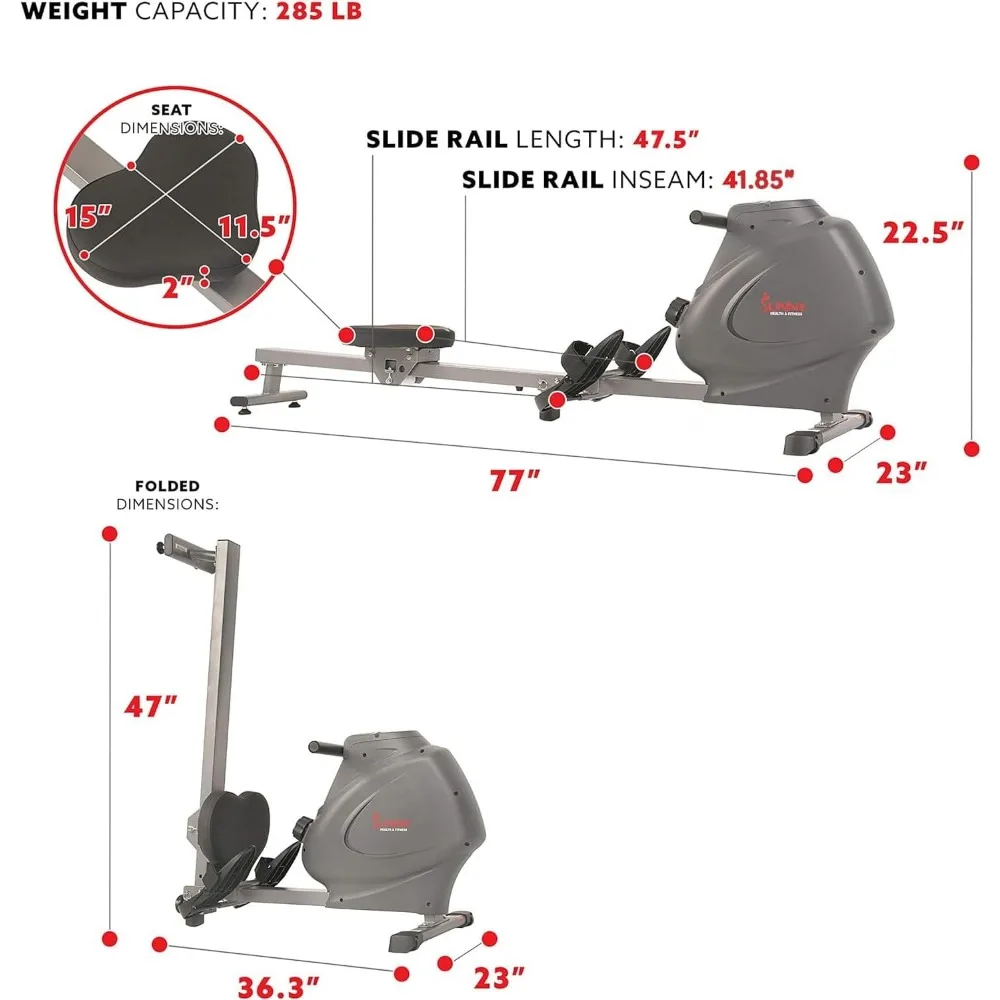Compact Folding Magnetic Rowing Machine with 43 Inch Slide Rail, 285 LB Max Weight, Synergy Power Motion