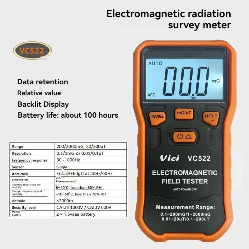 Vici VC522 SCM/CNAS Calibrated EMF Meter, Low Frequency Magnetic Field Detector with Data Hold/Backlit/Unit Conversion