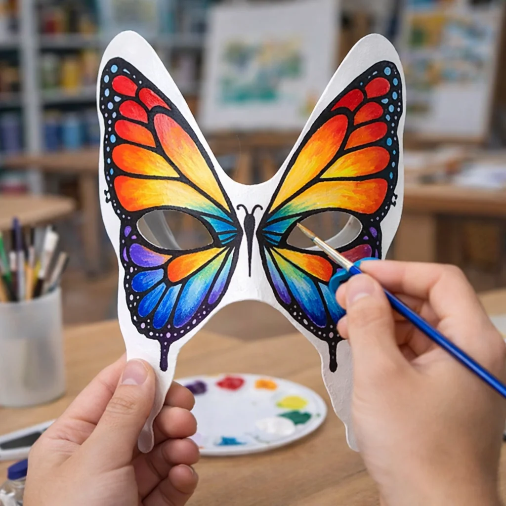 Cinq masques papillons blancs empilés, parfaits pour un atelier DIY lors d'une fête ou d'Halloween.