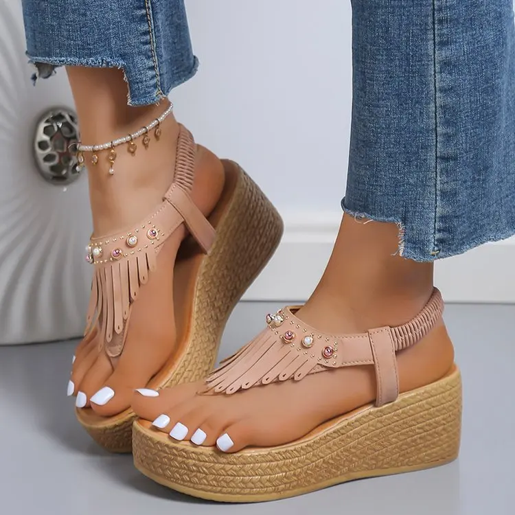 

New Casual pearl Wedge Sandals Women Summer Fashion Retro Sandal Platform High Heels Shoes Woman Rubber Sole Peep Toe Roman Shoe