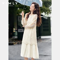 VIMLY French Elegant Women Dress 2025 Autumn New Retro Long Lace Sleeves Dresses Casual Soft Paneled Maxi Dress Woman A2810