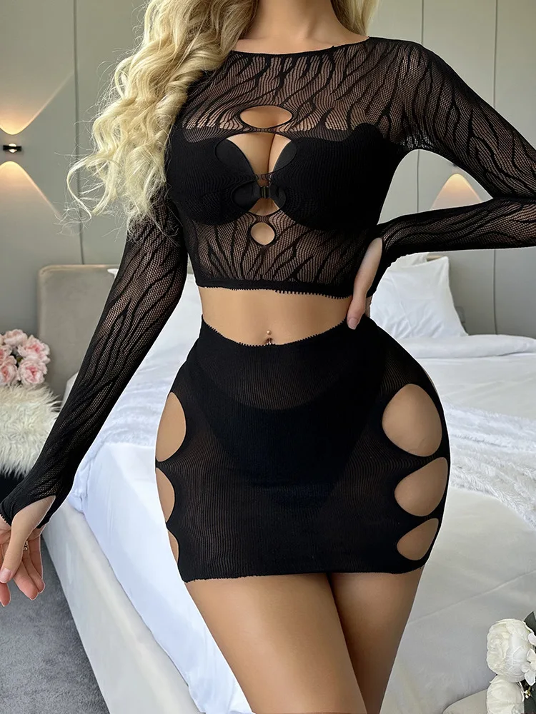 

Sexy New Black Hollow Out Sexy Lingerie Mature Charm For Women's Buttocks Up Dress Mesh Jacket Jacquard Transparent Dress ND0P