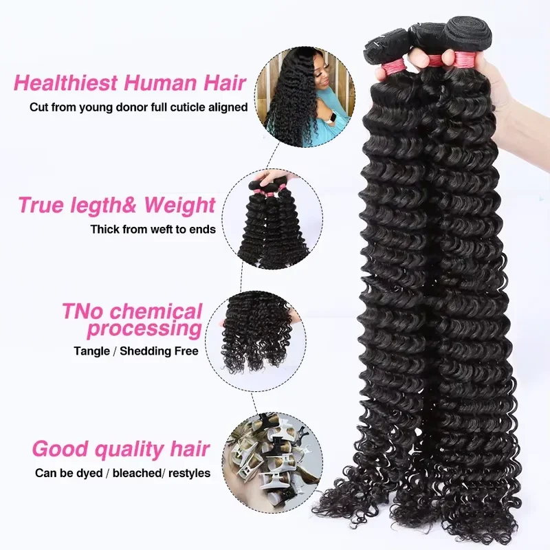 42 Inch Natural Color Deep Wave Human Hair Bundles - 250 High Density 1/3/4 Pcs Pack 100% Virgin Hair Silky Thick Full-Bodied We