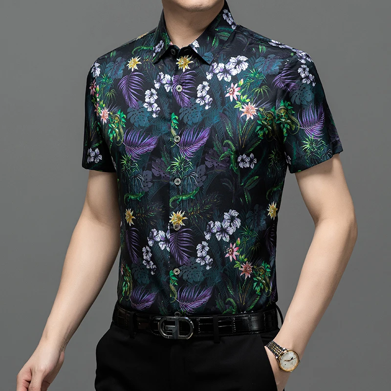 Mulberry Silk Blend Premium Shirts For Men Short Sleeved Casual Summer Quality Smooth Comfortable Floral Print Camisas De Hombre 3