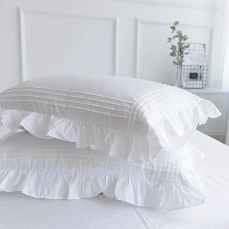 

NEW Elegant Pillow Sham Cover Edge Ruffled White Bedding Cotton Plain Pillowcase Set of 2 Pretty Vintage Lace Home Decor