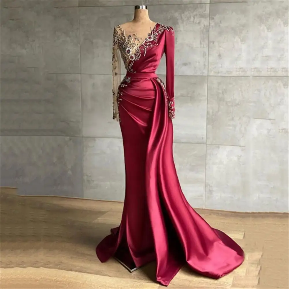 

Elegant Red Women Evening Dresses V-Neck Long Sleeves Pleat Prom Gowns Newest Sexy Sequin Bead String Princess Vestidos De Noche