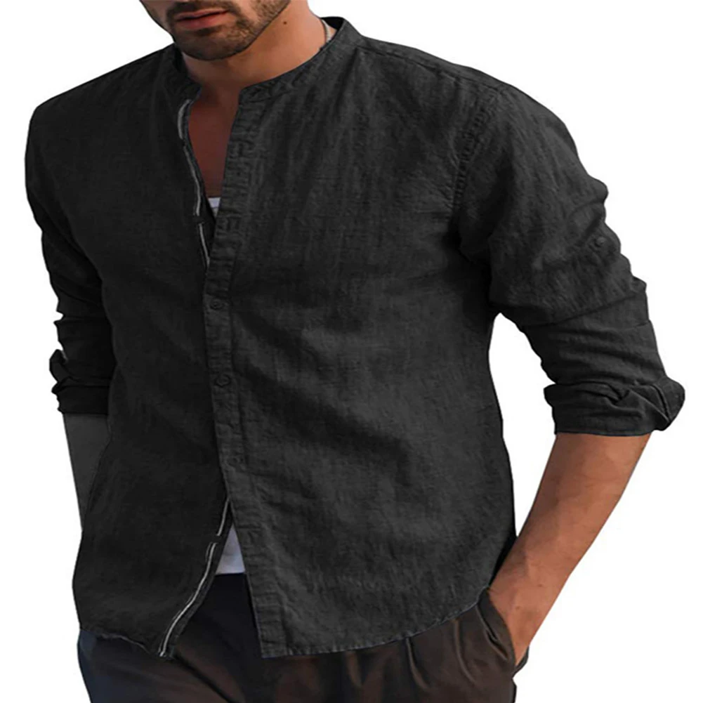 All Season Men's Solid Color Shirts Casual Formal Classic Stand Collar Long Sleeve Shirt And Blouse Tops Male