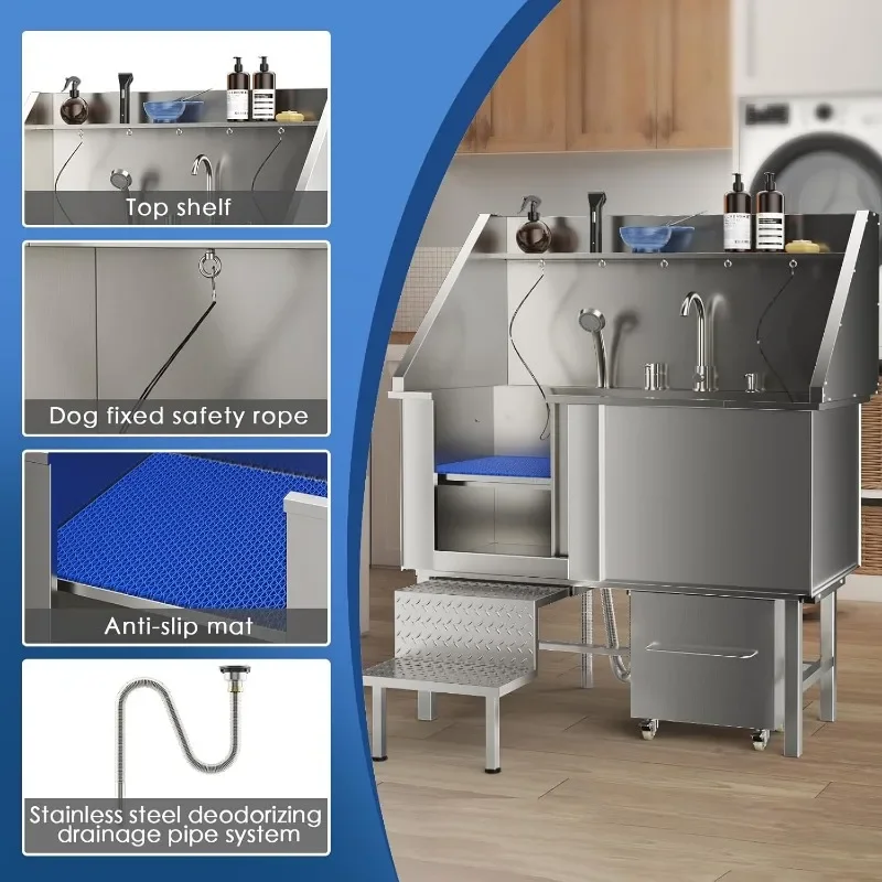 304 Stainless Steel Dog Washing Station, 50 Inch Professional Dog Grooming Tub, Pet Bathtub with Sink, Storage Drawer,Ladder 4