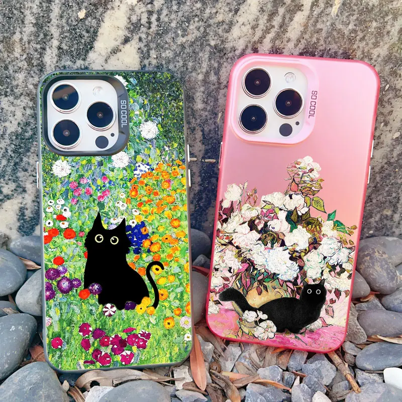 Claude monet lustige katze kunst telefon hülle für iphone 14 15 pro max plus 11 12 13 pro max 13 mini abdeckung stoßfest matt laser coque
