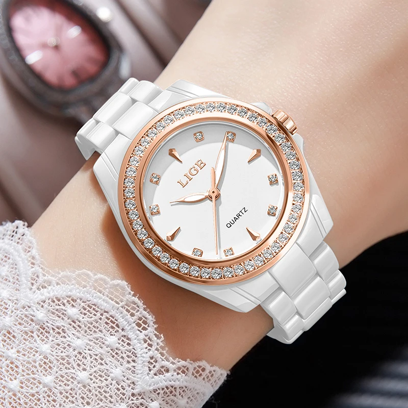LIGE Watch Women New Fashion Luxury Stainless Steel Wristwatch Bracelet Simple Round Ceramic Waterproof Luminous Ladies Watches