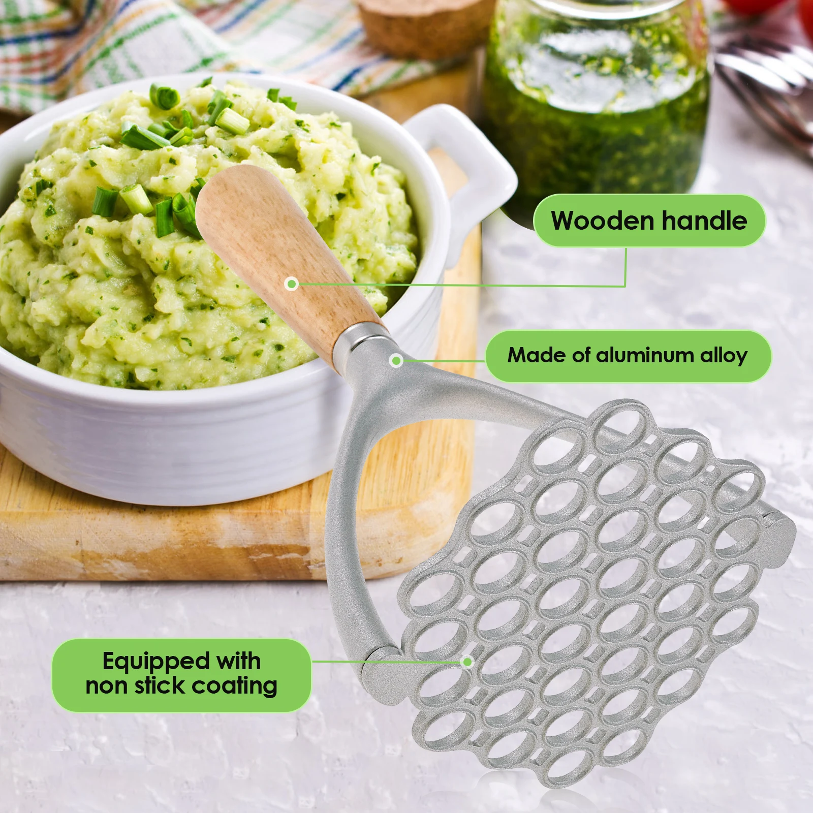 Potato Masher, Food & Vegetable Ricer, Food Crusher for Mashed Potatoes, Jam, Vegetables or Fruit, Non-Stick Mashing Utensil