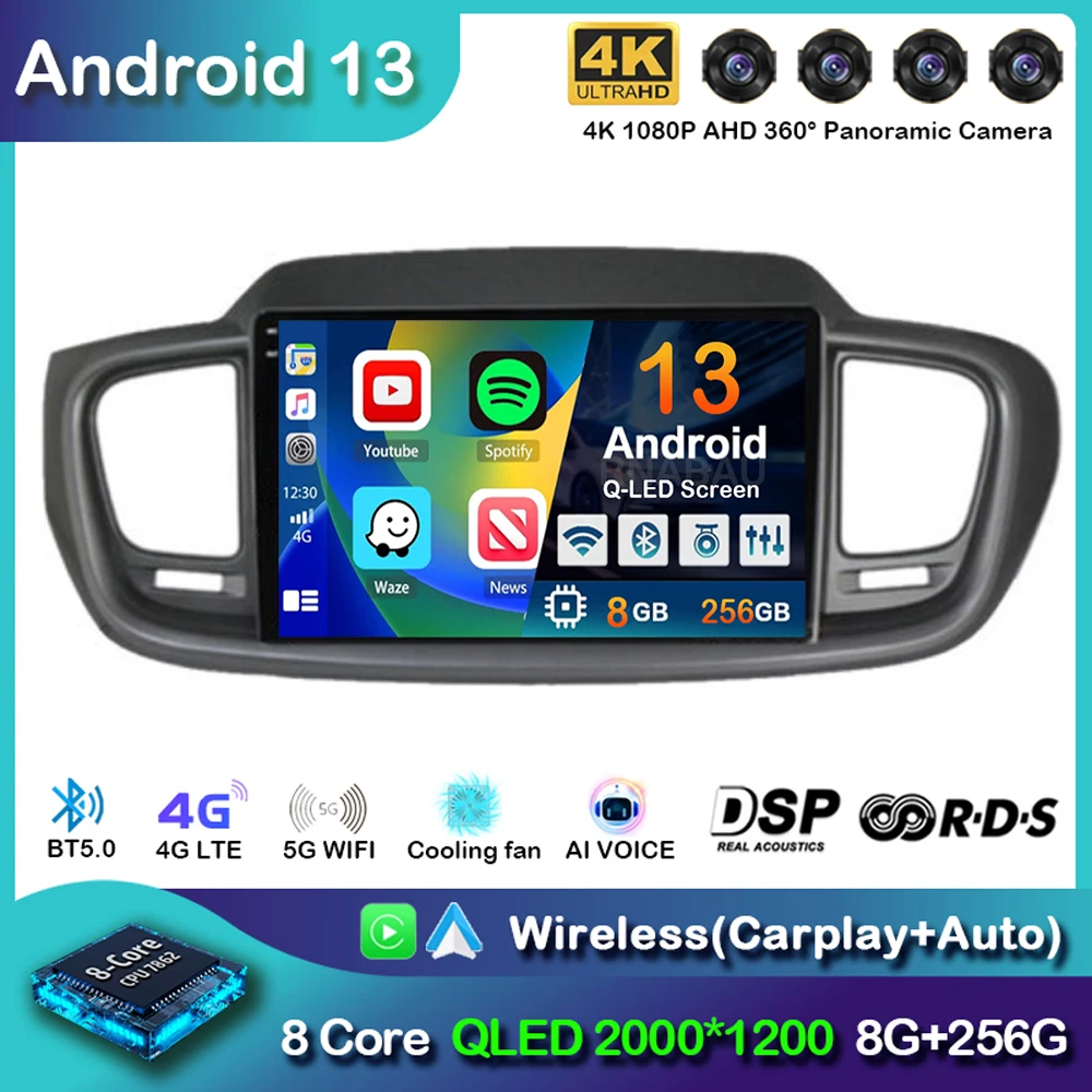 Android 13 Carplay Auto 4G+WIFI For Kia Sorento 3 2015 2016 2017 2018 GPS Car Radio Navigation Multimedia Video Player Stereo BT