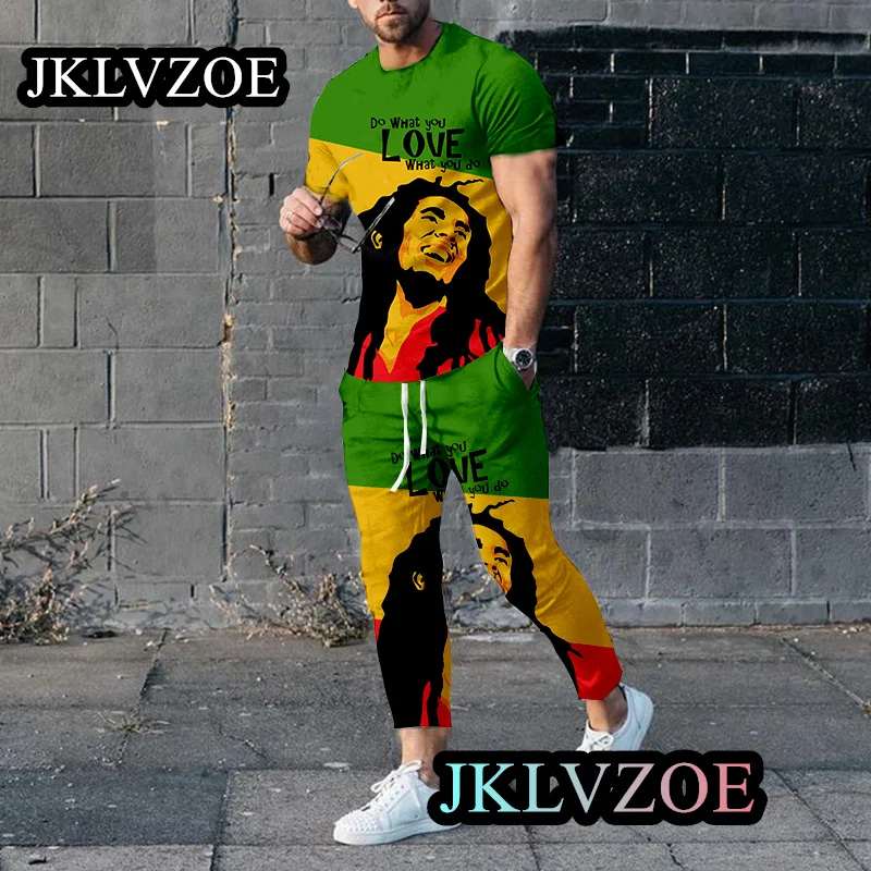 New Summer Men's Bob Marley Print Tracksuit T-Shirt Trousers Set Fashion Reggae Music Jogging Suit Casual Outfit Male Clothing