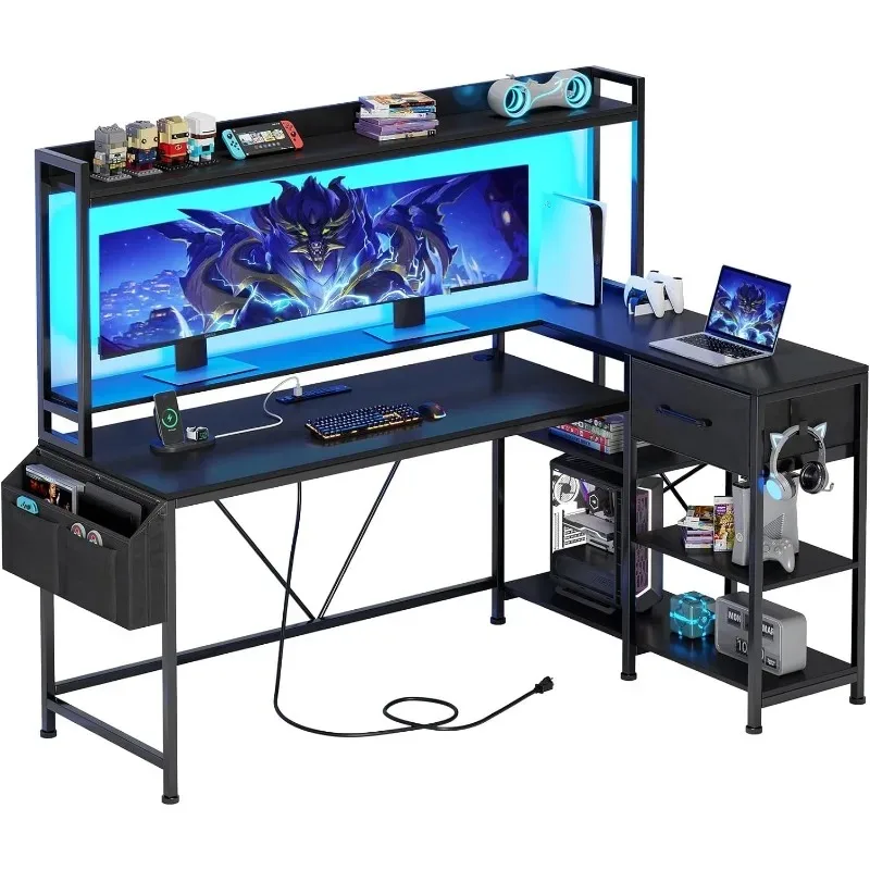 

55 inch L Shaped Gaming Desk, Corner Computer Desk with Fabric Drawer & Storage, Black Gaming Desk with Hutch, Power Strip