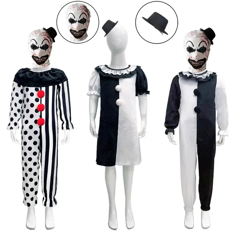 

Детский костюм клоуна для косплея на Хэллоуин с маской, шапкой, ужасным платьем клоуна, детский комбинезон, наряды для мальчиков и девочек, костюм на Хэллоуин