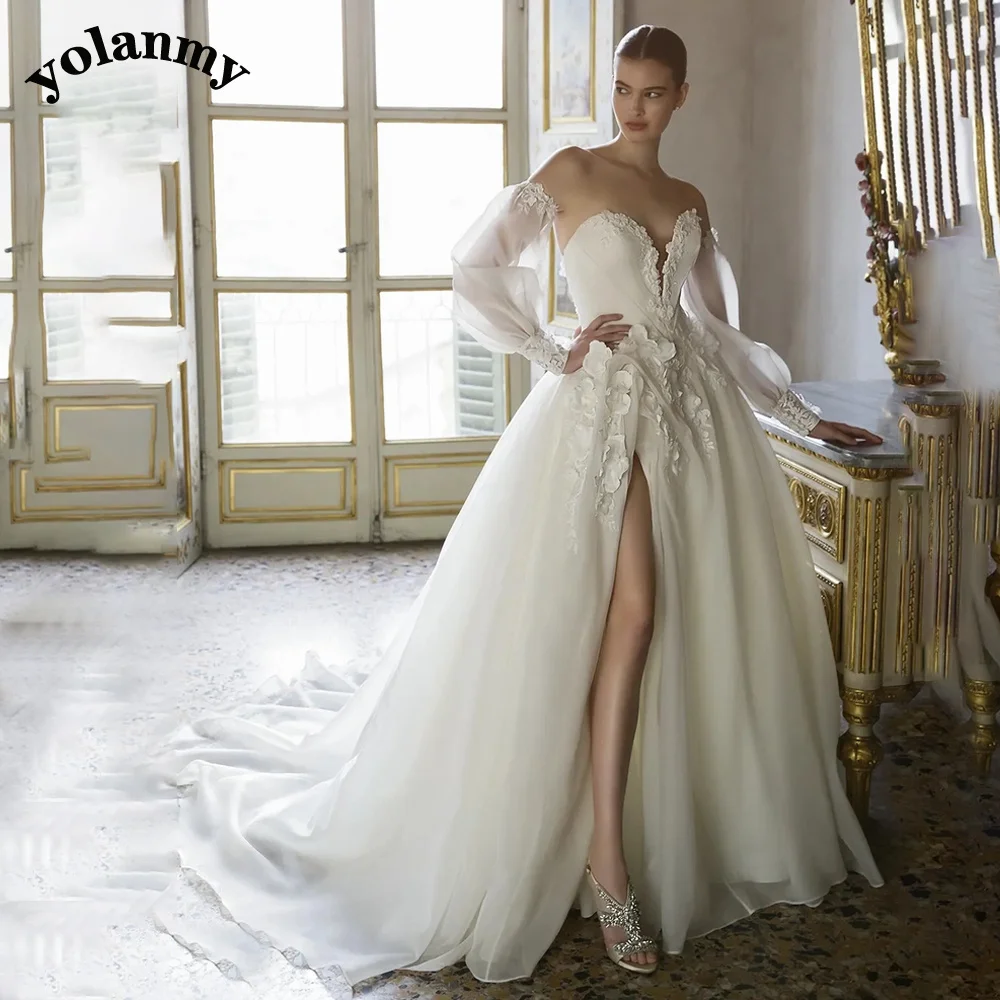 

YOLANMY Modern Strapless Aline Wedding Dress Appliques Charming Side Slit Court Train Pageant Prom Quinceanera Custom Made